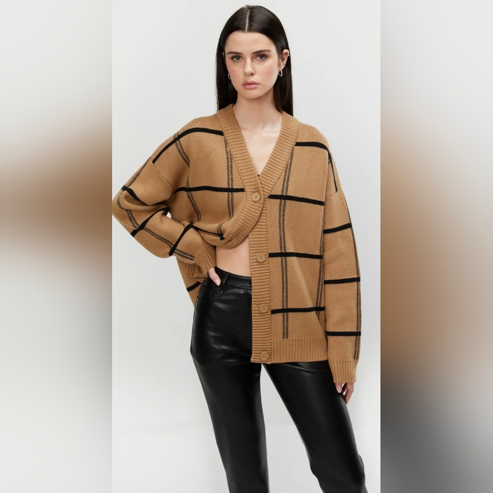 OAK + FORT Camel and Black Grid Oversized Cardigan